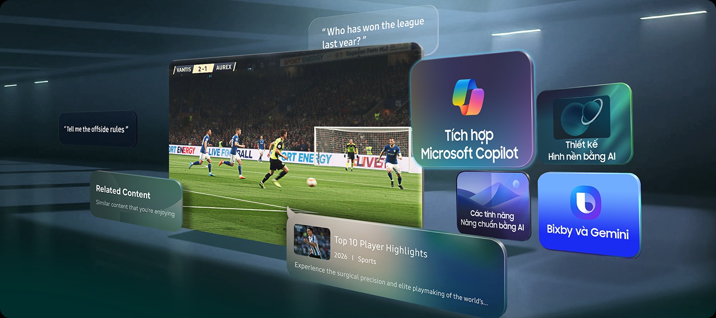 TV Samsung đang phát cảnh bóng đá. Xung quanh là các ví dụ về khả năng của Vision AI Companion, gồm biểu tượng Copilot by Microsoft, Generative Wallpaper, Perplexity và AI Mode, cùng các câu hỏi người dùng và gợi ý nội dung liên quan, Top 10 khoảnh khắc nổi bật của cầu thủ.