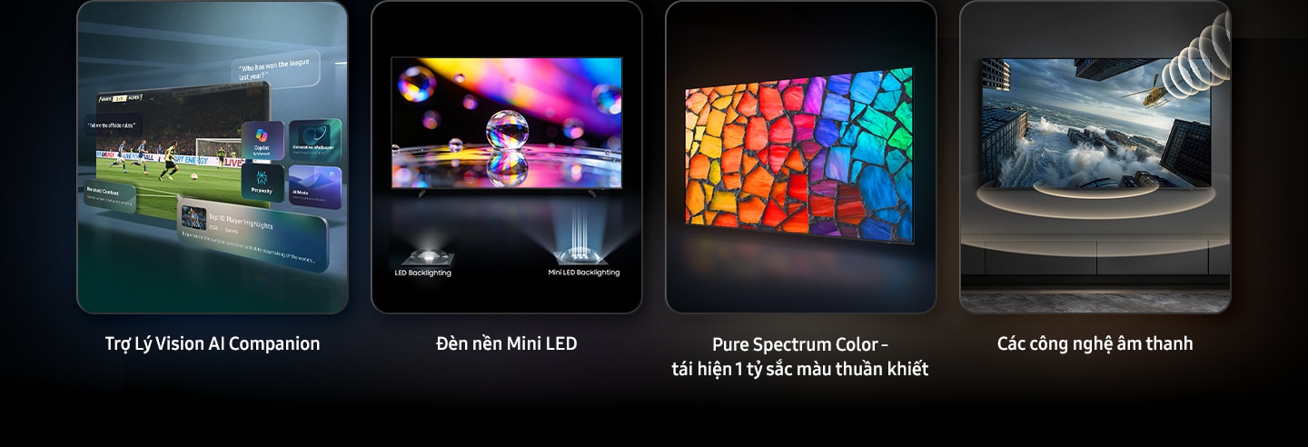 Samsung Vision AI Companion, đèn nền Mini LED, Đèn nền LED, Đèn nền Mini LED, Pure Spectrum Color – dải màu thuần khiết, rực rỡ và Gói âm thanh động là 4 tính năng nổi bật nhất.