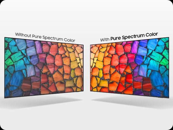 Hai chiếc TV được đặt cạnh nhau. Trong khi màn hình 'Không có Pure Spectrum Color' trông khá mờ nhạt và thiếu sức sống, thì chiếc TV trang bị 'Công nghệ Pure Spectrum Color' lại khiến cùng một bức ảnh mosaic bừng sáng với dải màu phong phú, rực rỡ và độ tương phản sắc nét hơn hẳn.