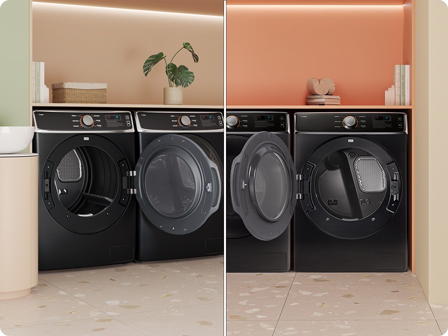 Máy giặt và máy sấy được lắp đặt cạnh nhau, với cửa mở theo hướng ngược nhau. Máy sấy được lắp đặt ở các vị trí khác nhau cũng có cửa mở theo hướng khác nhau. Điều này cho thấy tính năng cửa có thể đảo chiều một cách trực quan.