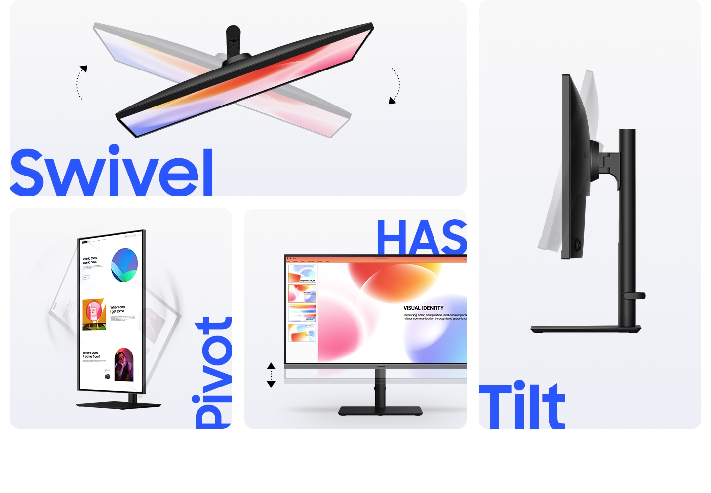 Bốn màn hình hiển thị các tùy chọn điều chỉnh công thái học khác nhau, bao gồm xoay ngang (Swivel), xoay dọc (Pivot), điều chỉnh độ cao (HAS) và điều chỉnh độ nghiêng (Tilt).
