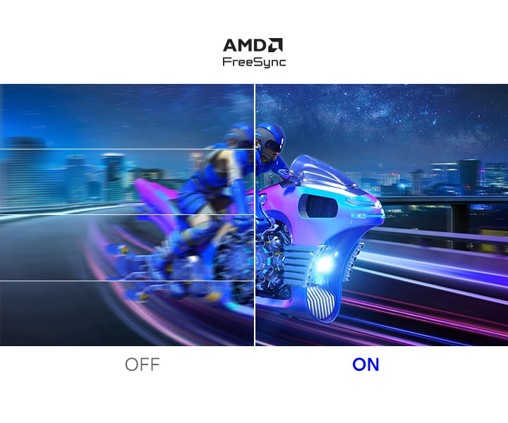 Một người đang lái chiếc mô tô mang phong cách tương lai. Màn hình khi bật AMD FreeSync hiển thị rõ nét hơn so với khi tắt tính năng này.