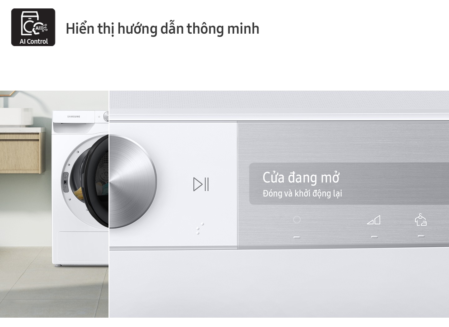 Bảng điều khiển của máy sấy AI hiển thị đề xuất Chu trình, Học thói quen, Hiển thị thông tin và hướng dẫn.