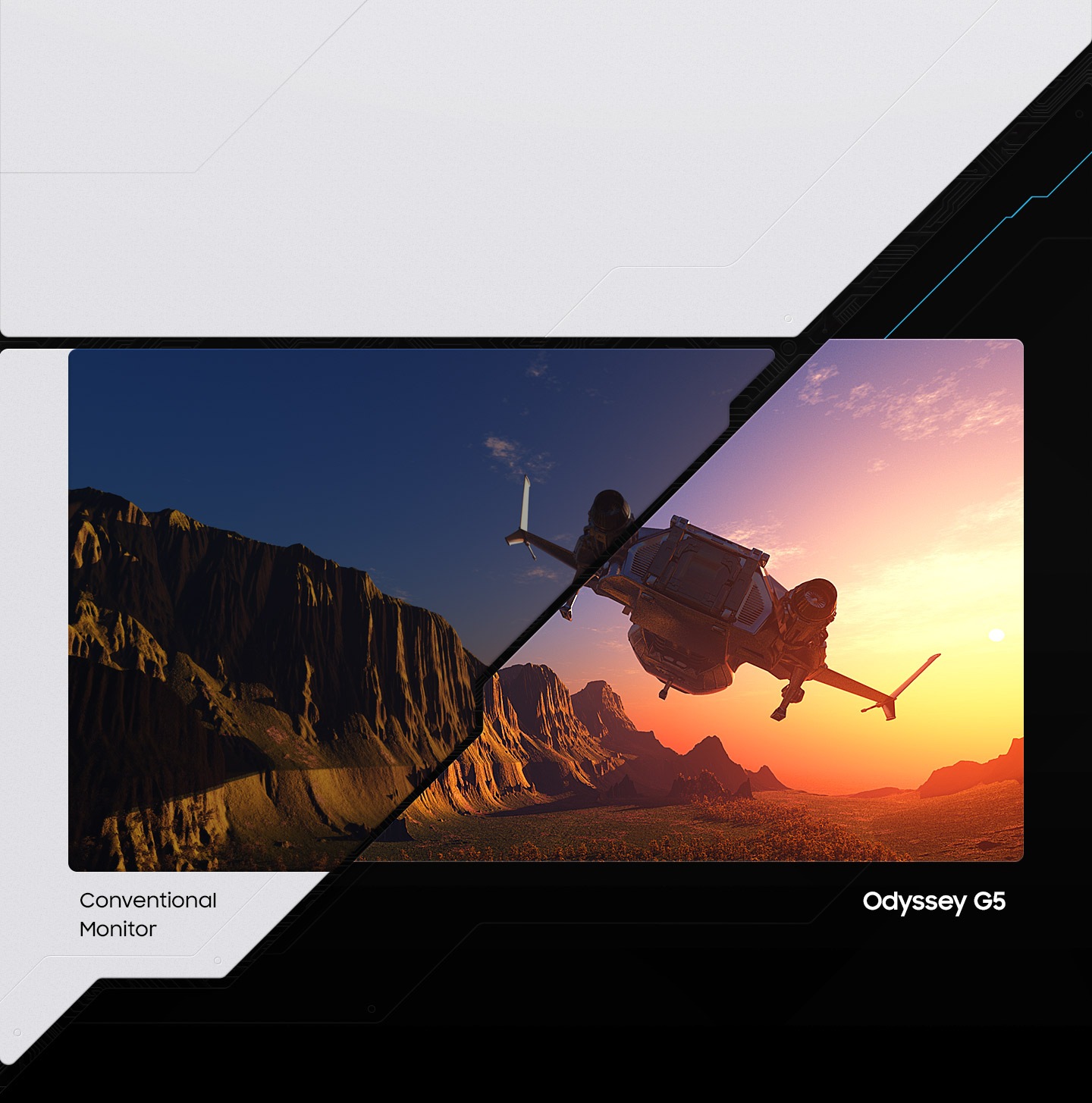 Màn hình Odyssey G5 nằm bên phải, có công nghệ HDR, hiển thị sáng hơn và nhiều sắc thái màu hơn so với màn hình thông thường.