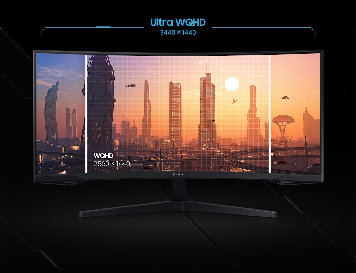 Hình ảnh trên màn hình WQHD (2560 x 1440) được mở rộng trên màn hình Ultra WQHD (3440 x 1440), điều này có nghĩa là bạn có thể nhìn thấy nhiều thứ hơn trên Ultra WQHD.
