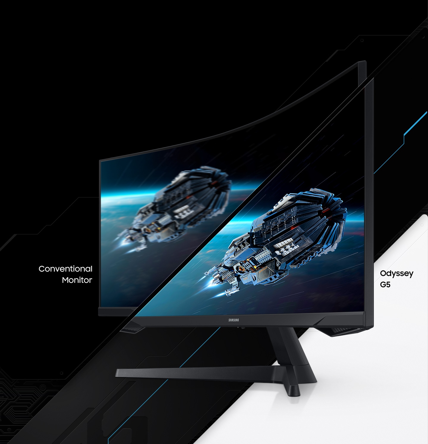 Tốc độ phản hồi của màn hình Odyssey G5 và màn hình thông thường được so sánh với nhau bằng cách hiển thị hình ảnh mờ trên màn hình thông thường.