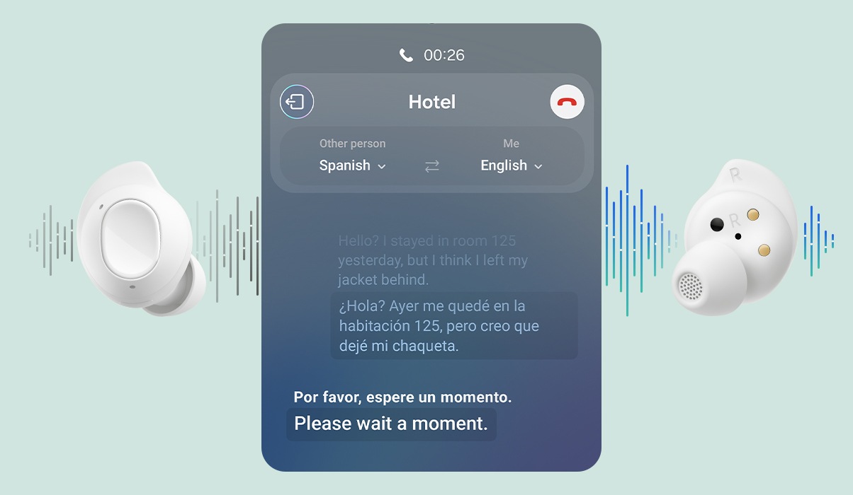 Hình ảnh GUI của tính năng Trợ lý phiên dịch , với bản dịch tiếng Anh và tiếng Tây Ban Nha trên màn hình. Giữa các hình ảnh GUI là văn bản và biểu tượng cho biết dịch hai chiều thông qua loa ngoài và Galaxy Buds.
