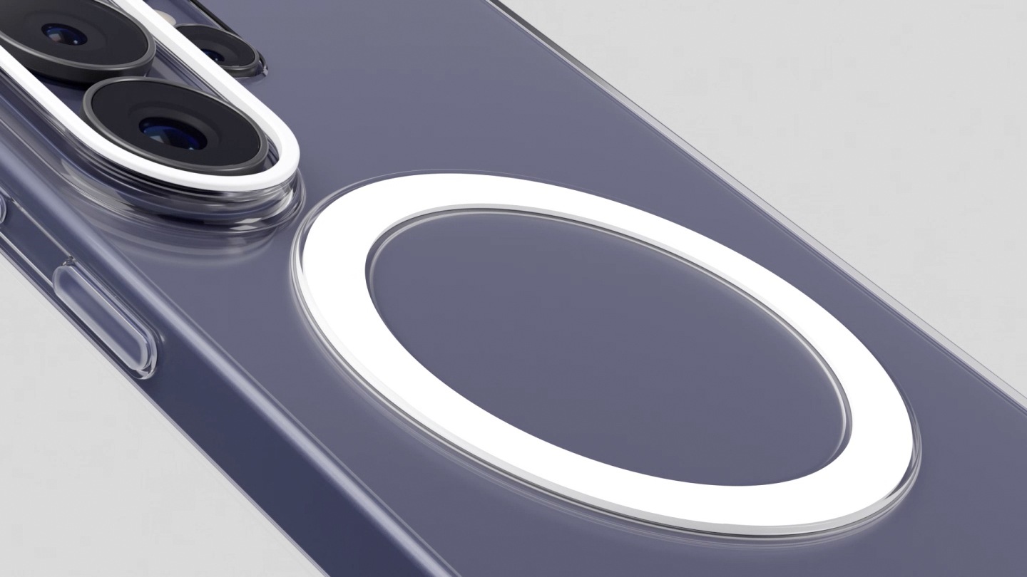 Close up of Clear Magnet Case’s magnetic ring is seen. The view zooms out to show the full case from the back. The case rotates and then is installed onto a Galaxy S26 Ultra in Cobalt Violet. A close up of the case’s magnetic ring is seen. 