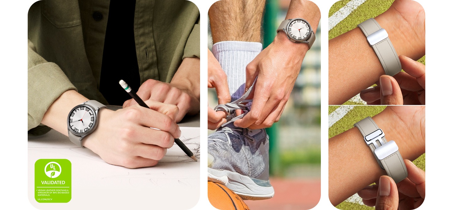 A person in a semi-formal outfit is sketching with a pencil while wearing a Galaxy Watch6 device attached with a D-Buckle Hybrid Eco-Leather Band. A man tying his sports shoes in a basketball court is wearing a Galaxy Watch6 strapped with a D-Buckle Hybrid Eco-Leather Band. Two hands are shown unfastening the band. The text reads VEGAN LEATHER CONTAINS A MINIUMUM OF 66% BIO-BASED MATERIALS. UL.COM/ECV