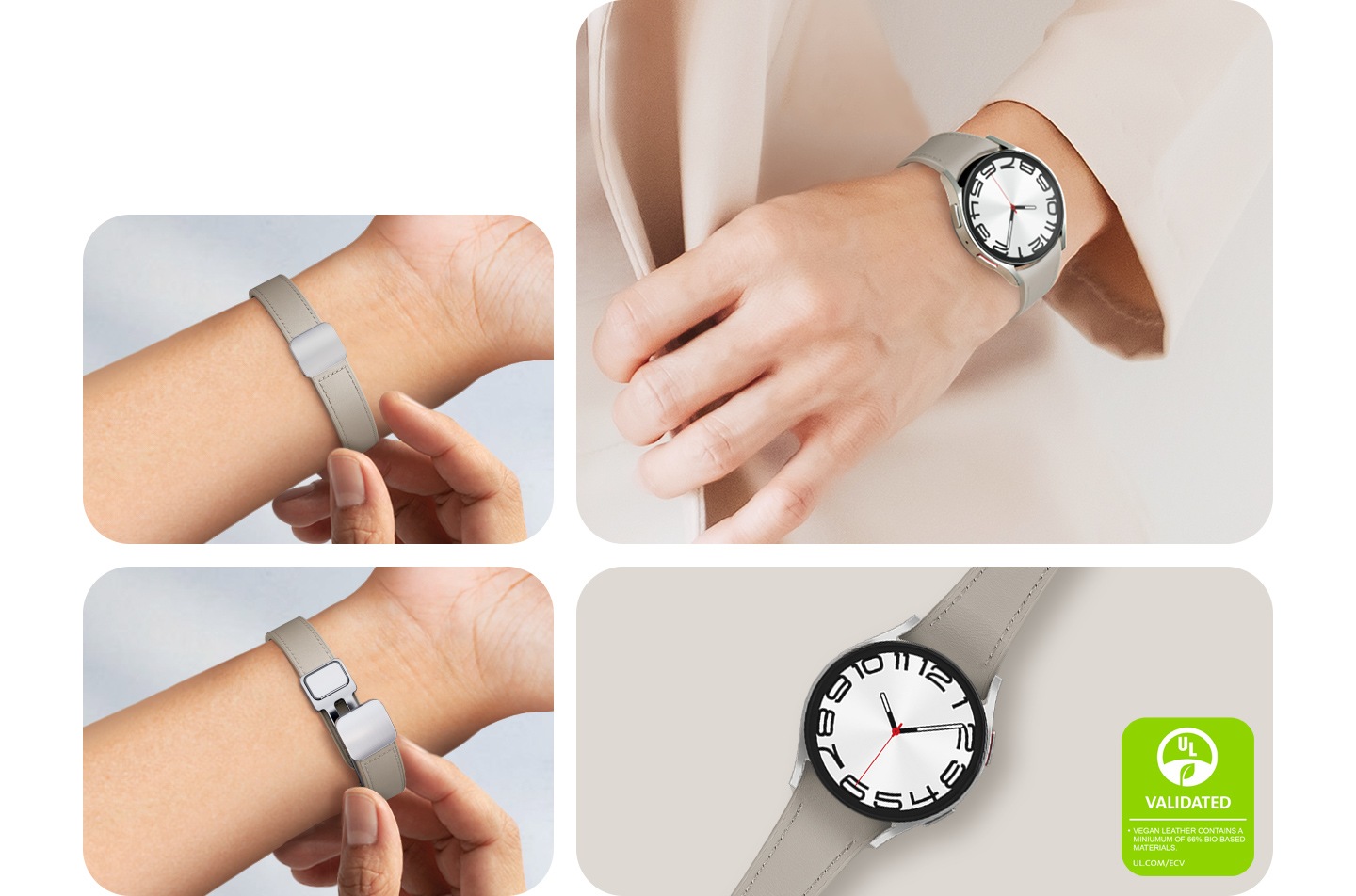 A person in a female suit wearing a Galaxy Watch6 device attached with a slim D-Buckle Hybrid Eco-Leather Band. Two hands are shown unfastening the band. A front view of a Galaxy Watch6 laid flat attached to a slim D-Buckle Hybrid Eco-Leather Band. The text reads VEGAN LEATHER CONTAINS A MINIUMUM OF 66% BIO-BASED MATERIALS. UL.COM/ECV