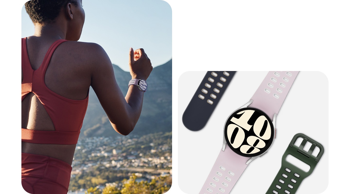 A woman in her sportswear is running on a field overlooking a mountain while wearing a Galaxy Watch6 device strapped with an Extreme Sport Band. A Galaxy Watch6 is laid straight, attached with an Extreme Sport Band along with two other bands in different colors lying beside it .