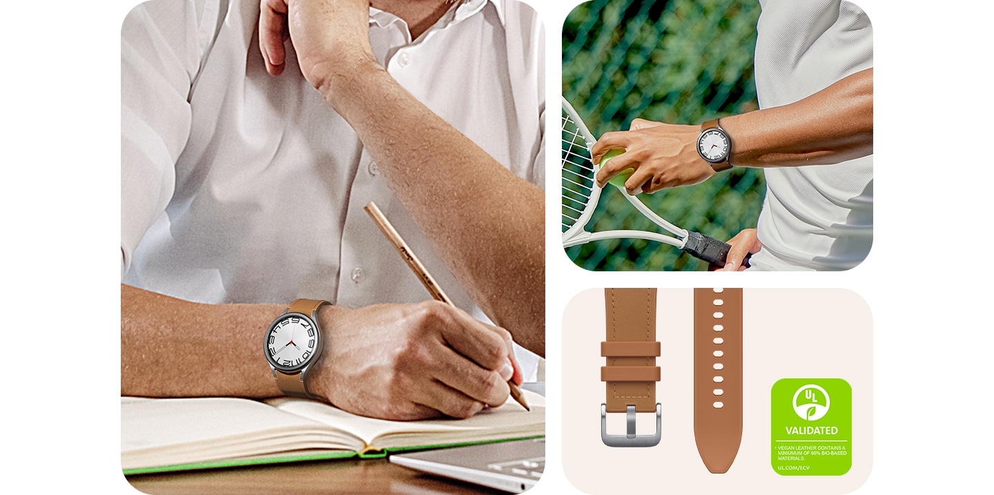 A man is writing on a notebook with a pencil while wearing a Galaxy Watch6 device attached with a Hybrid Eco-Leather Band. A man is playing tennis while wearing a Galaxy Watch6 strapped with a Hybrid Eco-Leather Band. A Hybrid Eco-Leather Band is laid straight facing up. The text reads VEGAN LEATHER CONTAINS A MINIUMUM OF 66% BIO-BASED MATERIALS. UL.COM/ECV