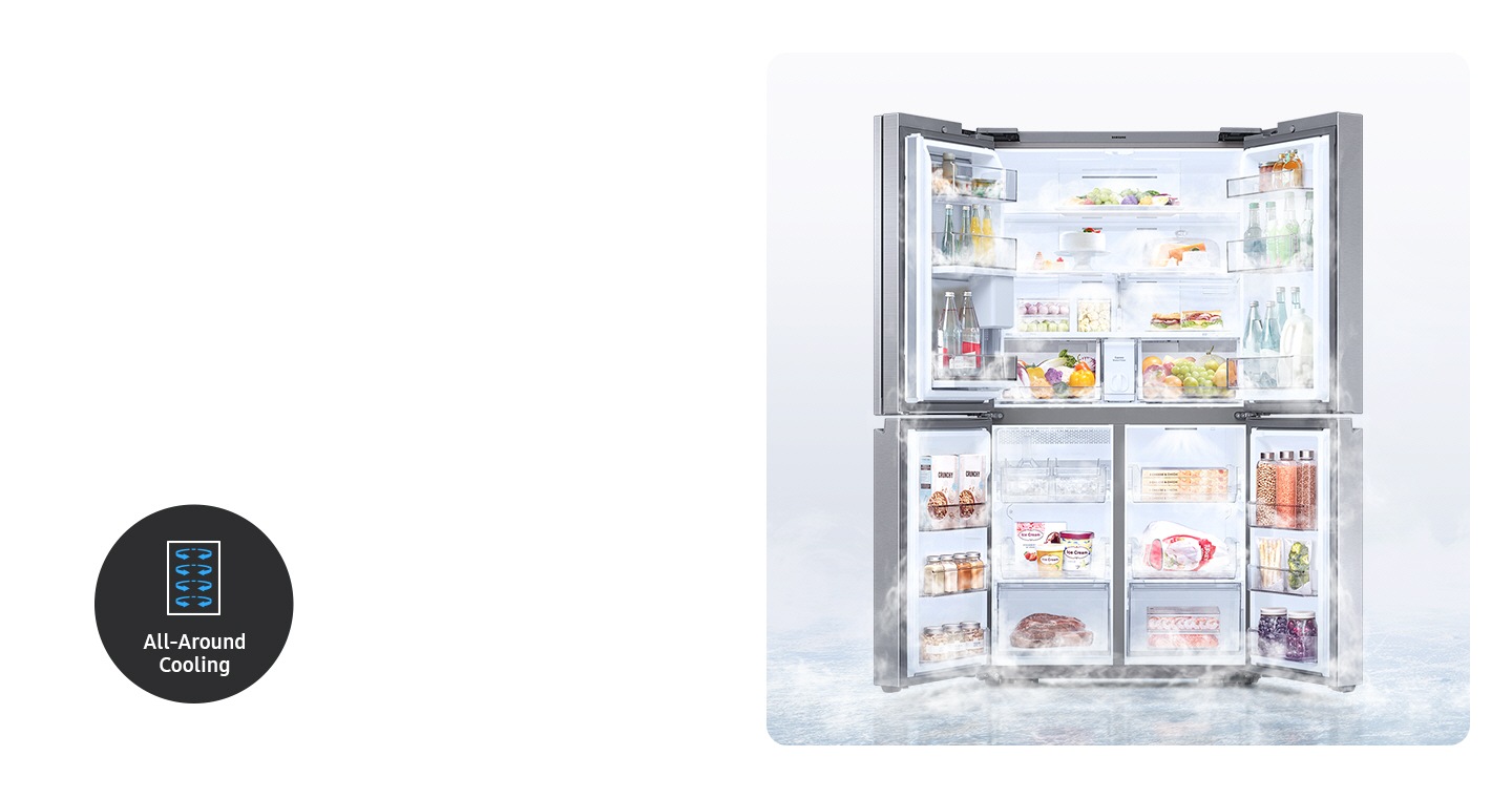 A 4-door fridge is wide open, with cold air circulating evenly around the organized food and beverage compartments.