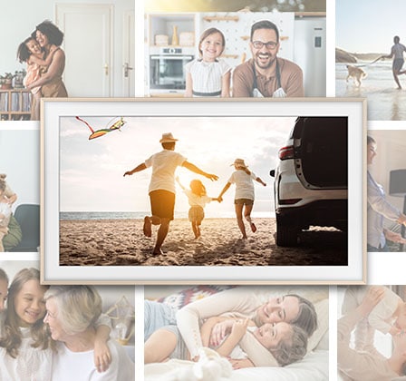 TV Frame trưng bày khung cảnh một gia đình đang chạy về phía biển. Xung quanh TV là những hình ảnh về những khoảnh khắc quý giá khác của gia đình.