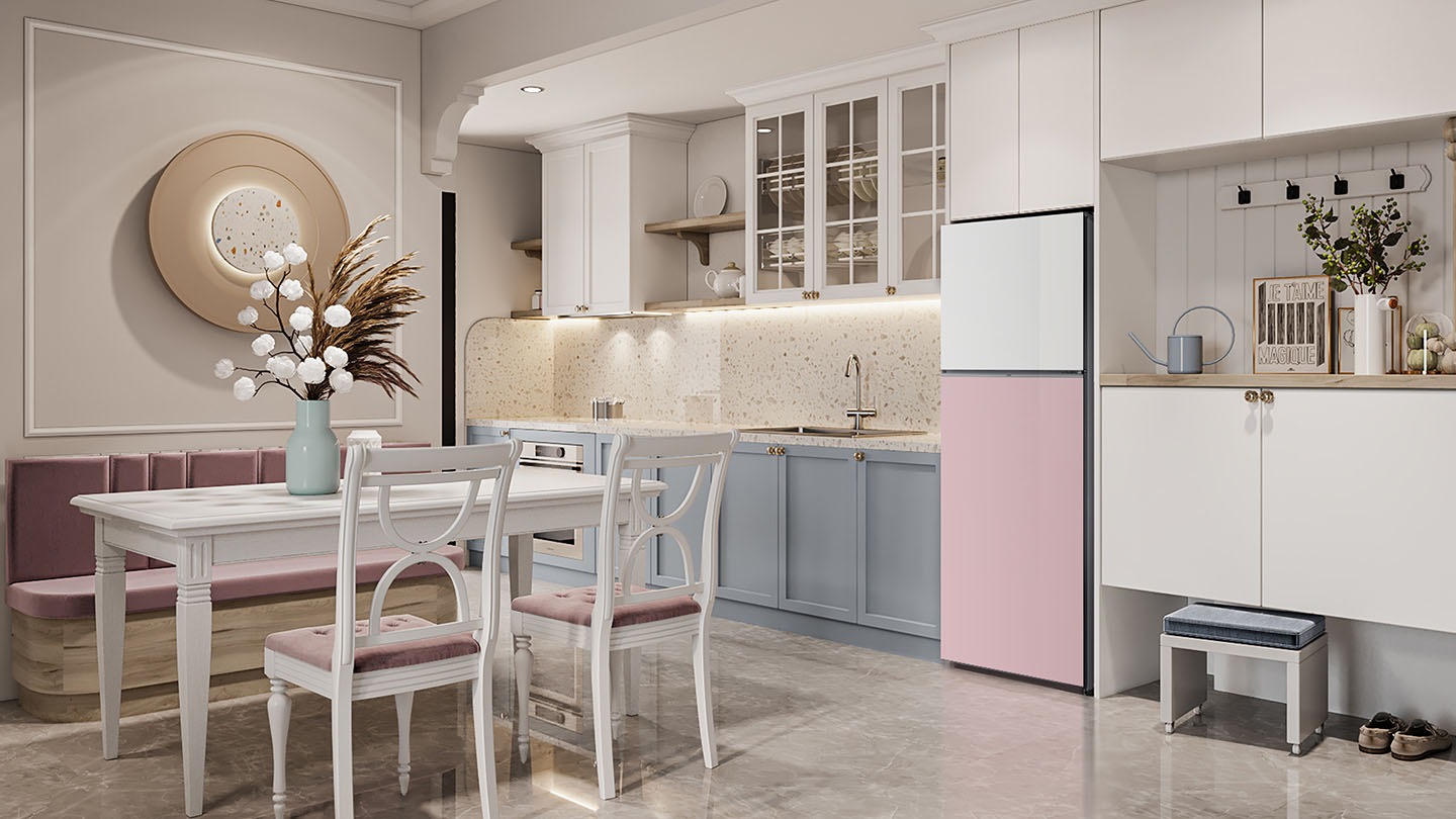 RT6300C of Clean White, Clean White and Clean Pink, Clean White and Clean Navy, Clean Black door are installed in kitchen of various interior design.