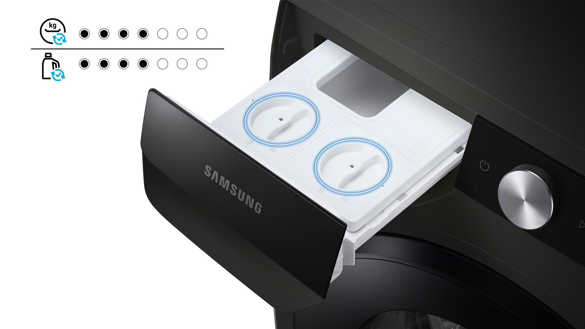 Khay đựng nước giặt, nước xả của Máy Giặt Thông Minh Samsung AI 9kg. Phân bổ lượng nước giặt, nước xả chính xác theo khối lượng áo quần