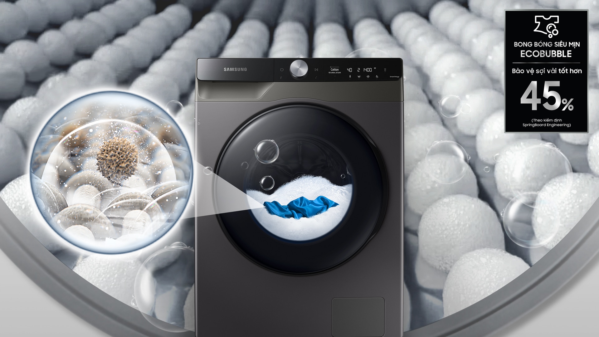 Chế độ Eco Bubble của Máy Giặt Thông Minh Samsung AI 9kg giúp tạo bong bóng siêu mịn giặt sạch sâu bảo vệ sợi vải