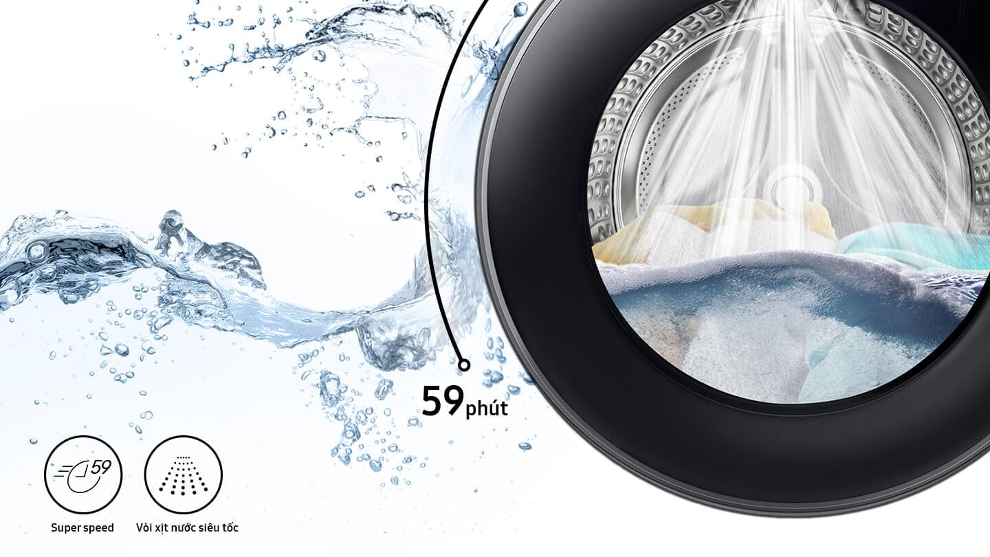Máy Giặt Thông Minh Samsung AI 9kg có thể rút ngắn thời gian xả vắt giúp Giặt sạch nhanh chỉ 59 Phút