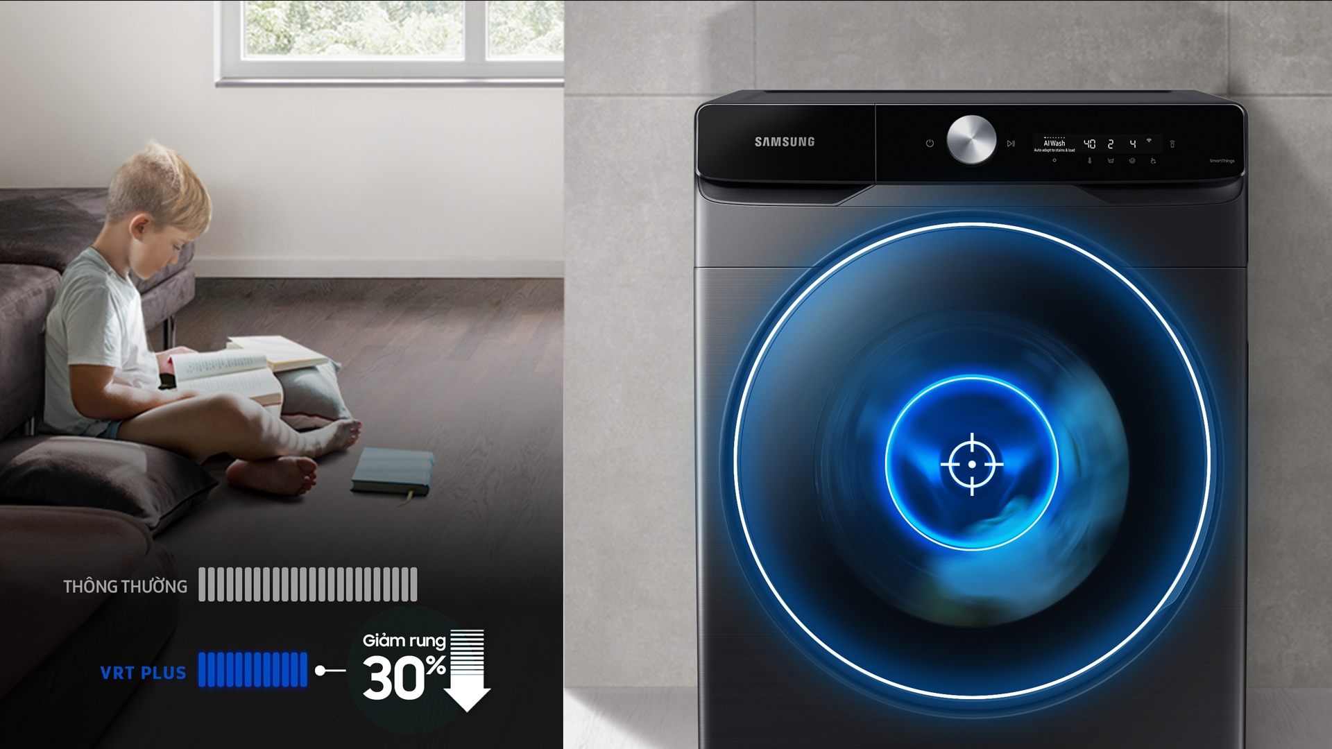 Máy giặt thông minh Samsung AI 9kg với Công nghệ VRT Plus giảm rung ồn đến 30%
