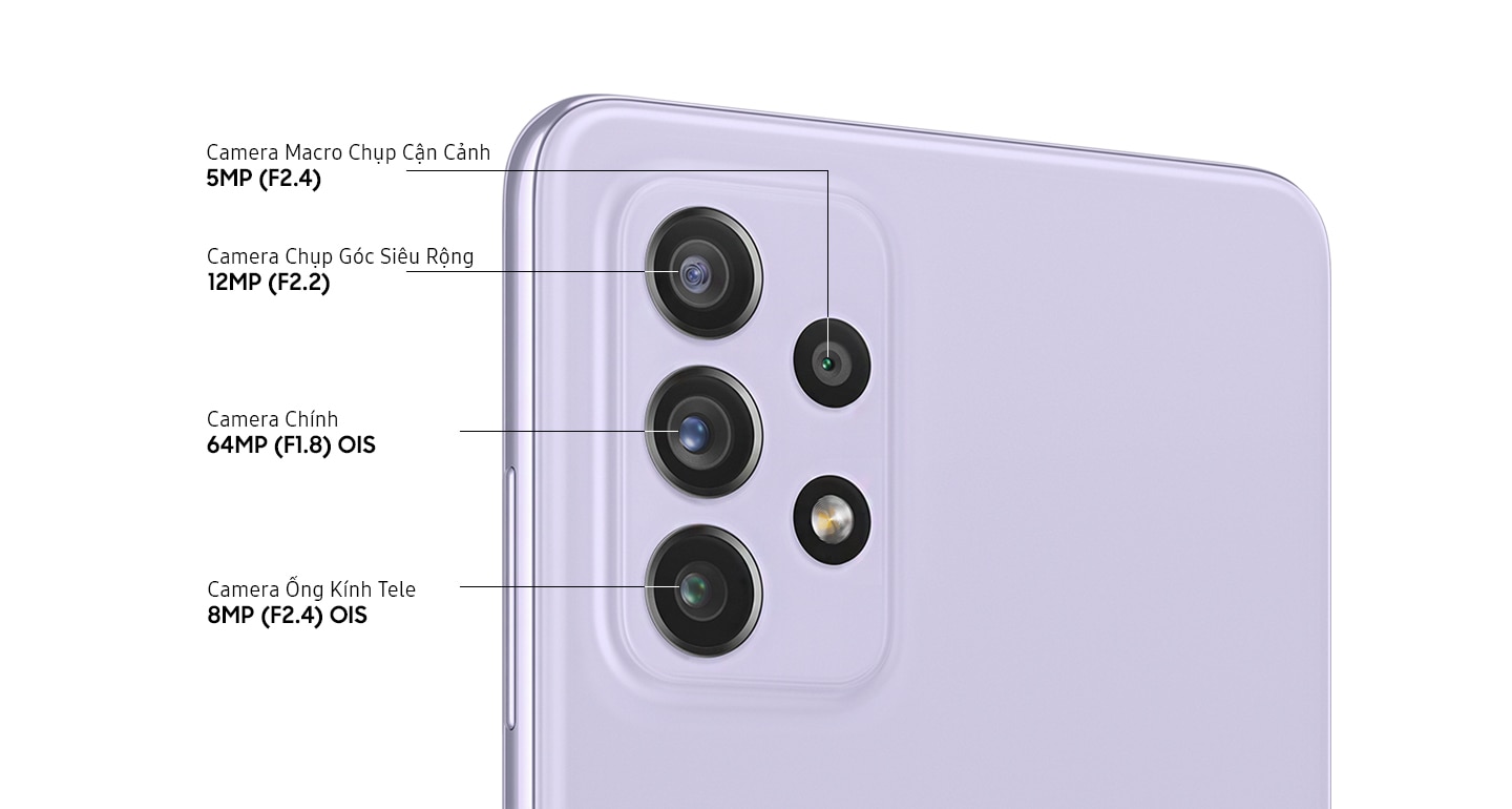 Bộ 4 camera trên Galaxy A72 về Camera Chính, Camera Chụp Góc Siêu Rộng, Camera Ống Kính Tele và Camera Macro