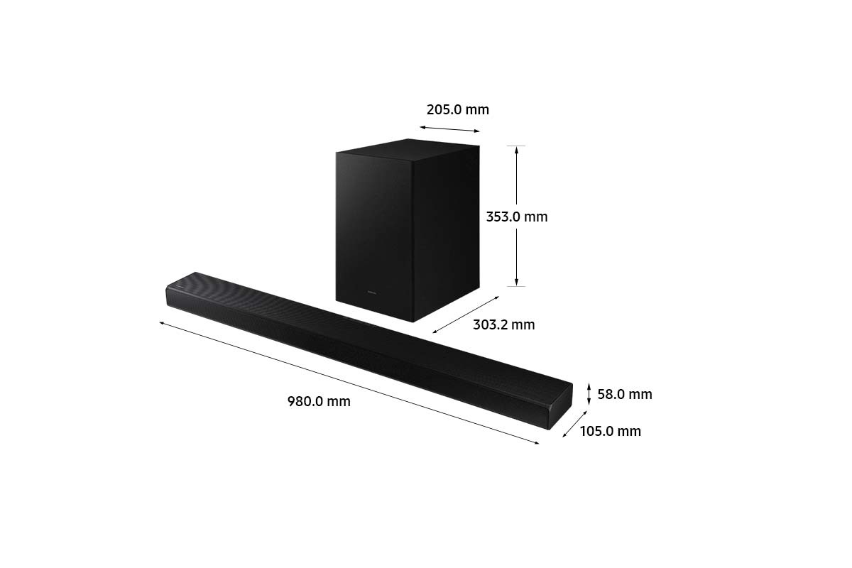 Kích thước của loa thanh Samsung HW-A650 (980.0 x 58.0 x 105.0 mm) với loa siêu trầm (205.0 x 353.0 x 303.2 mm).