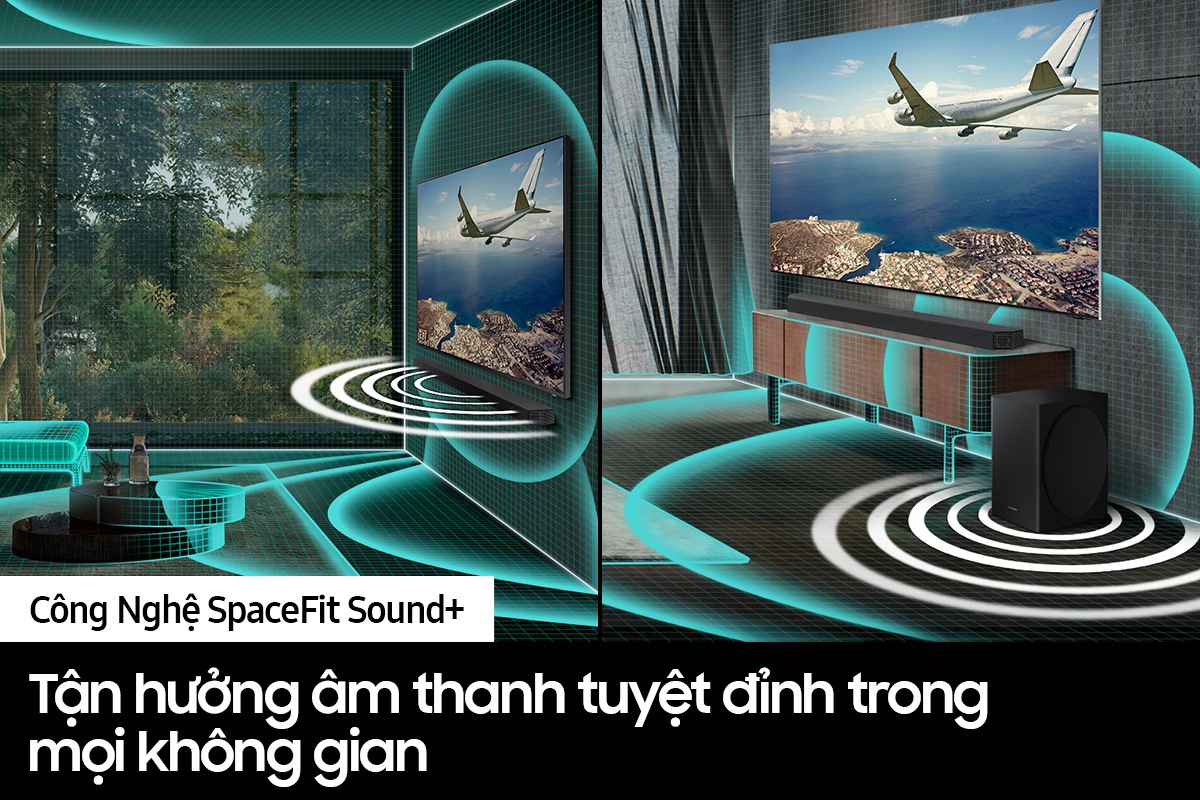 Công nghệ SpaceFit Sound và Auto EQ phân tích dữ liệu nội thất phòng khách, sau đó tối ưu hóa cài đặt âm thanh TV và âm lượng loa thanh.