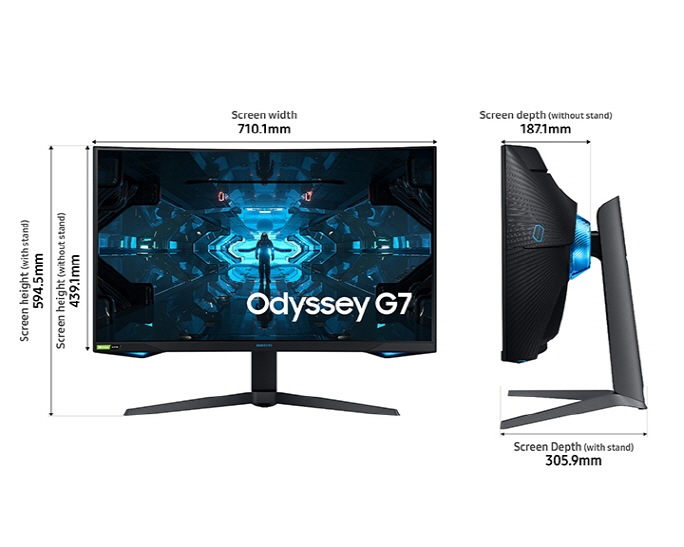 Chi tiết kích thước màn hình Gaming Samsung OdysseyG7 từ mặt chính diện & mặt nghiêng của sản phẩm với chân đế. Xem thông số kỹ thuật khác tại website SamsungVN