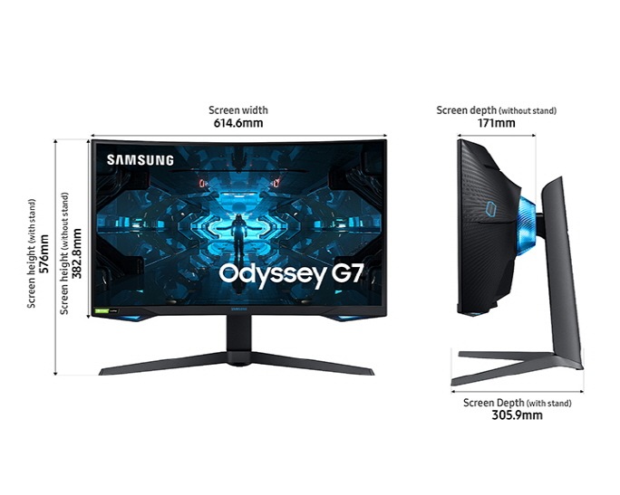 Chi tiết kích thước màn hình Gaming Samsung OdysseyG7 từ mặt chính diện & mặt nghiêng của sản phẩm với chân đế. Xem thông số kỹ thuật khác tại website SamsungVN