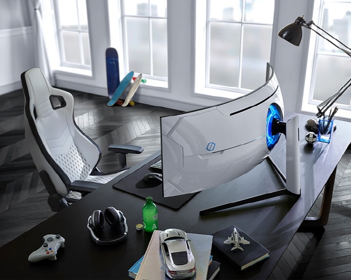 Samsung QLED OdysseyG9 sở hữu sắc trắng thời thượng, độ cong 1000R đột phá, thiết kế lõi chiếu sáng vô cực ấn tượng cùng chân đế HAS linh hoạt điều chỉnh độ cao