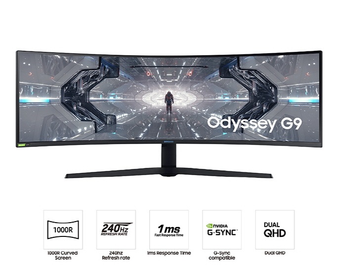 Màn hình Samsung Odyssey G9 DQHD 49inch LC49G9 sở hữu độ phân giải cao; độ cong hoàn mỹ 1000R; tỷ lệ khung hình 32:9; độ sáng 420cd/m2; thời gian đáp ứng 1(GTG).