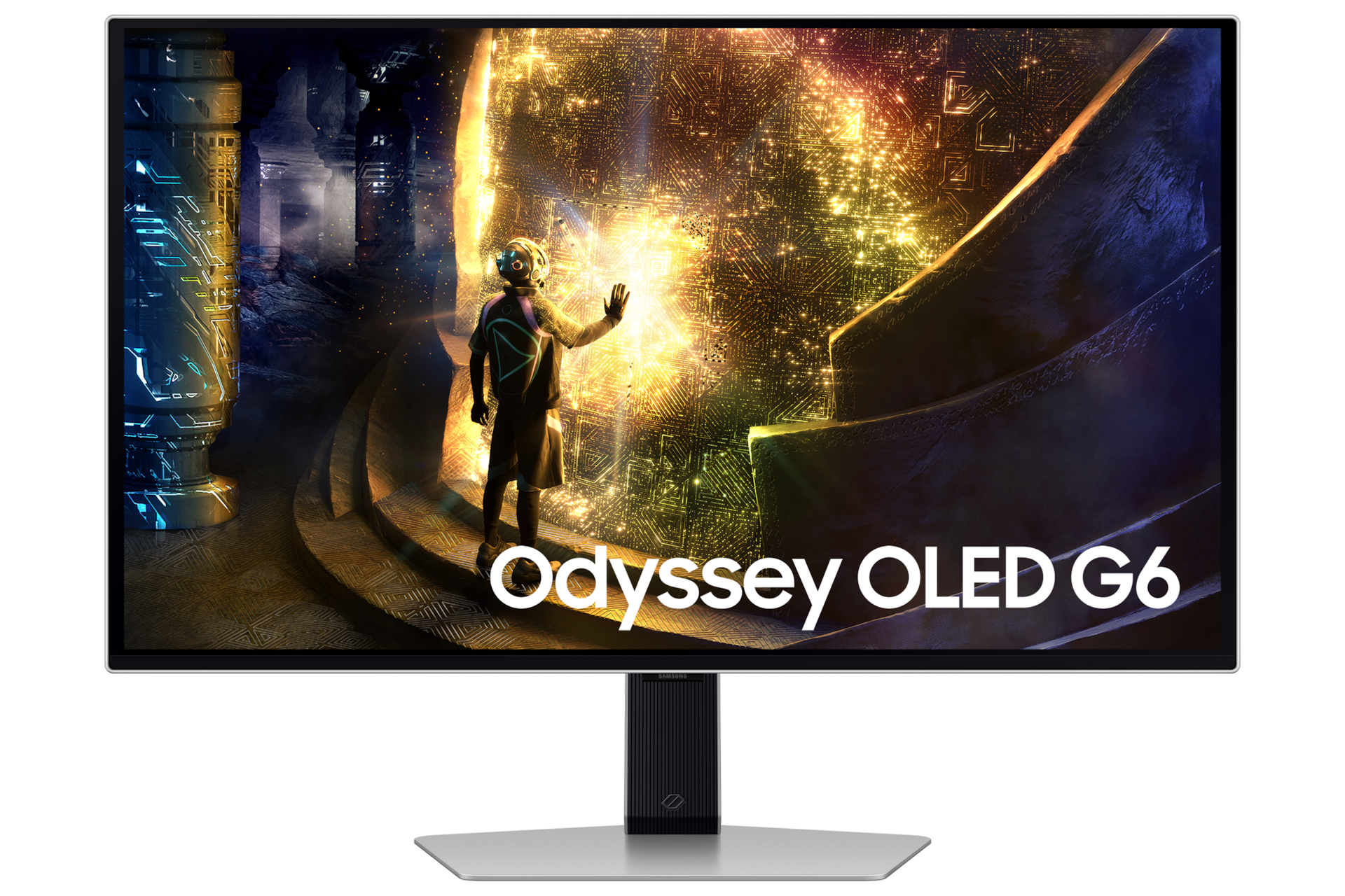 Mặt trước của Samsung Odyssey OLED G6 G61SD với hình ảnh một người đàn ông đứng trước cổng dịch chuyển trên màn hình.