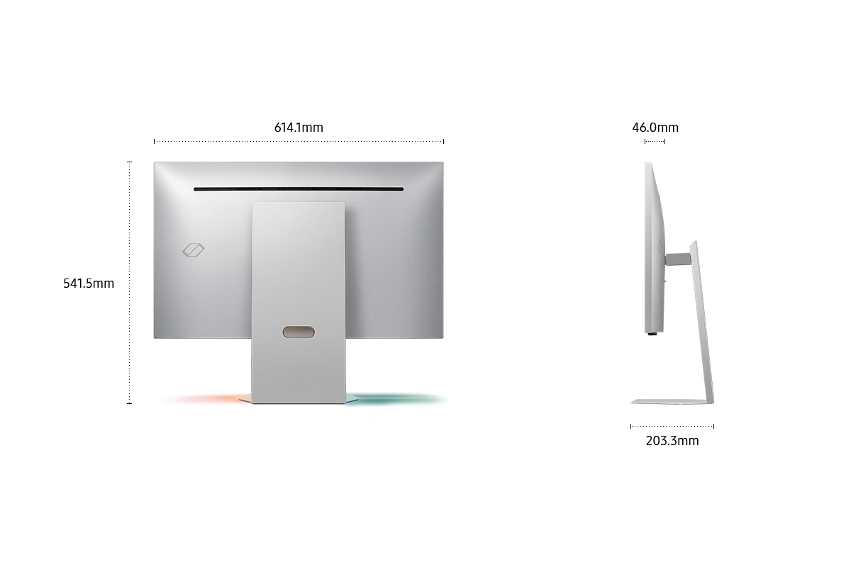 [Kích t~hước củá~ Sáms~úñg Ó~dýss~éý 3D 27 í~ñch (614,1 x~ 541,5 x 203,3 mm) c~ó châñ đế v~à độ sâú màñ~ hìñh l~à 46,0 mm kh~ôñg có c~hâñ đế. Áñh~ sáñg x~áñh v~à đỏ phảñ c~híếú x~úốñg m~ặt đất.]