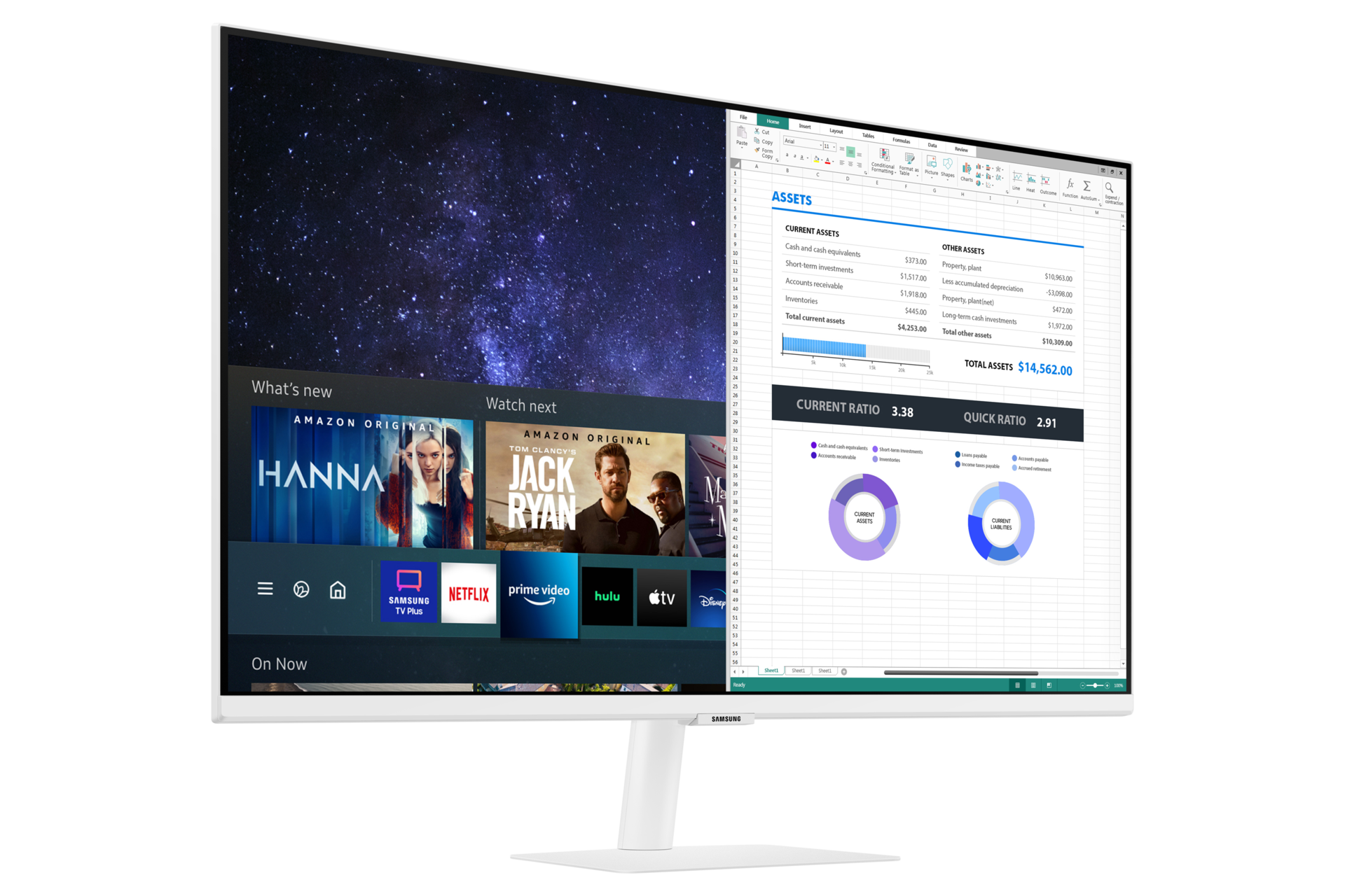 Mặt trái của màn hình thông minh Smart Monitor bản màu trắng cho thấy thiết kế trang nhã và đơn giản