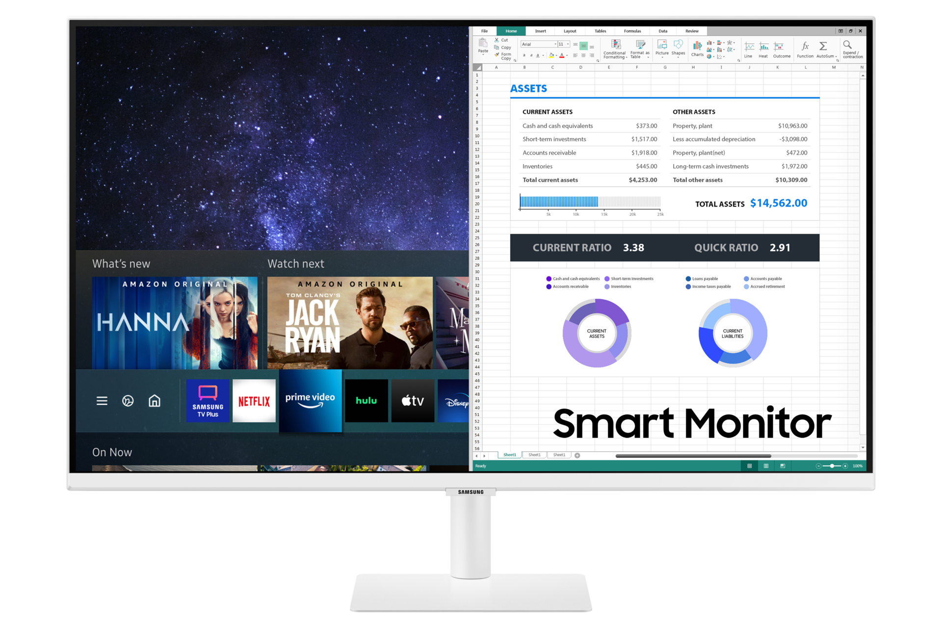 Mặt trước của màn hình thông minh Smart Monitor bản màu trắng cho thấy thiết kế trang nhã và đơn giản