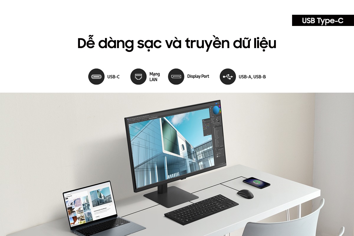 Dễ dàng sạc và truyền dữ liệu qua cổng USB type-C, USB type-A, USB type-B, LAN và Display.