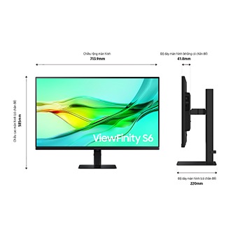 Kích thước 32 inch Samsung ViewFinity S60UD (713.9 x 585 x 220 mm) có chân đế màu đen và độ sâu màn hình 41.8mm không có chân đế.