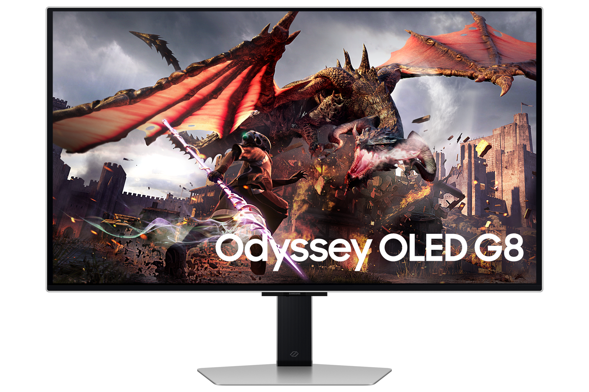 Mặt trước của Samsung Odyssey OLED G8 G80SD với hình rồng và chiến binh trên màn hình.