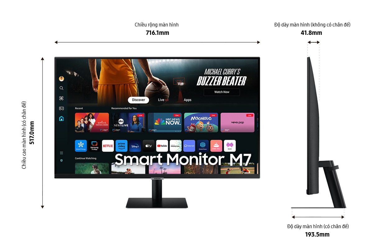 Kích thước 32 inch Samsung Smart Monitor M70D (716.1 x 517.0 x 193.5 mm) có chân đế màu đen và độ dày màn hình 41.8mm không có chân đế.