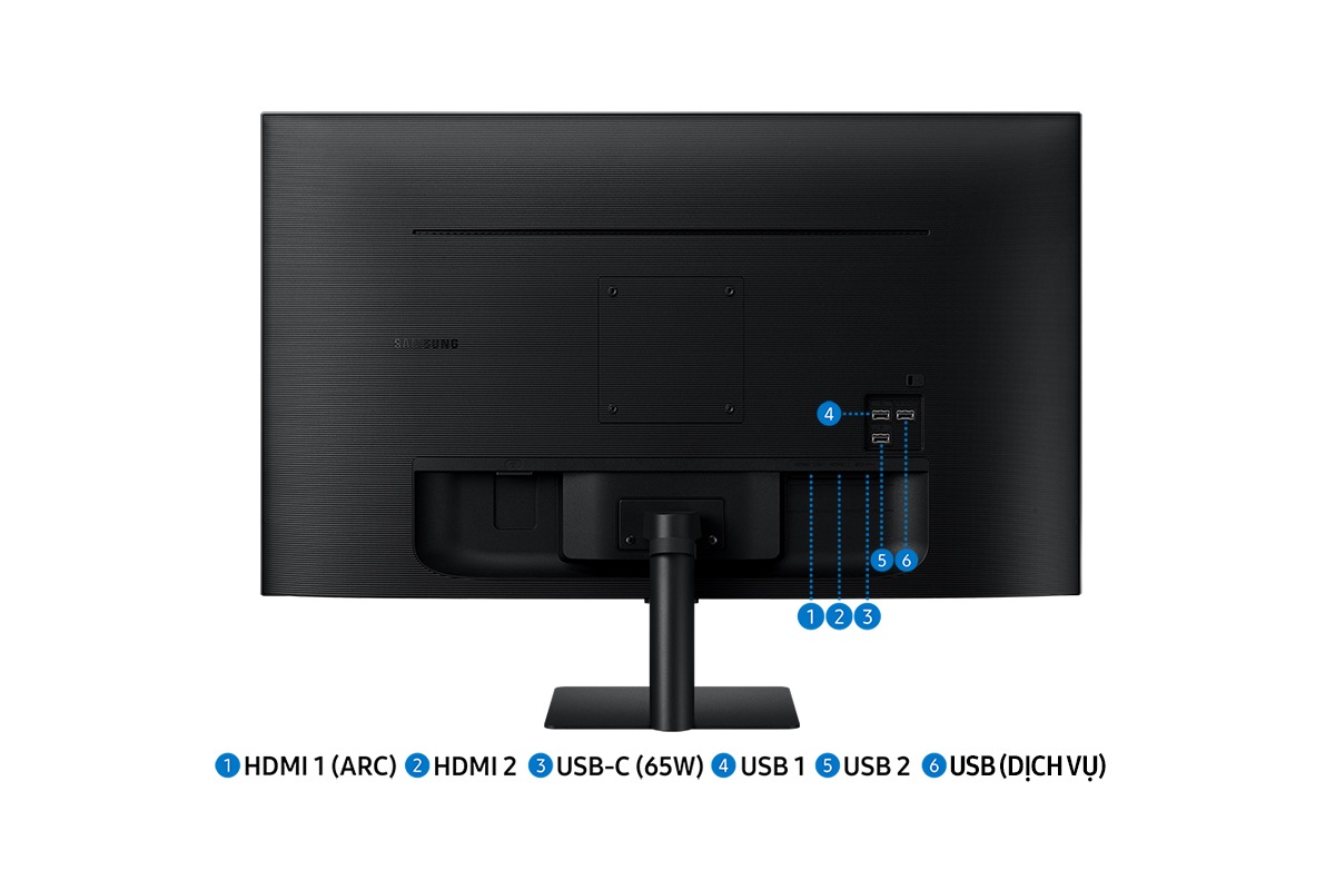 Cổng Jack của 32 inch Samsung Smart Monitor M70D bao gồm USB-C(65W), USB (SERVICE), hai USB, hai HDMI IN và nguồn.