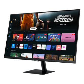 Góc nhìn phía trước bên phải của 32 inch Samsung Smart Monitor M70D với các ứng dụng Smart TV trên màn hình.