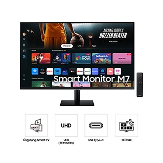 Mặt trước 32 inch Samsung Smart Monitor M70D với các Ứng dụng Smart TV trên màn hình, điều khiển từ xa và bốn biểu tượng dành cho các tính năng về Ứng dụng Smart TV, UHD, USB type-C và IoT hub.