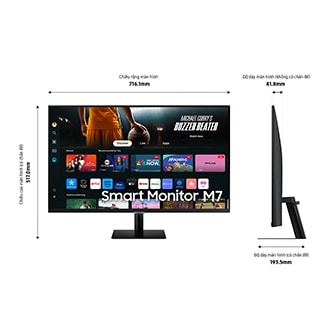 Kích thước 32 inch Samsung Smart Monitor M70D (716.1 x 517.0 x 193.5 mm) có chân đế màu đen và độ dày màn hình 41.8mm không có chân đế.
