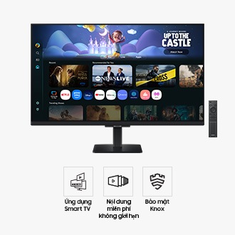 Mặt trước của Màn hình thông minh Samsung M5 32 inch với màn hình hiển thị trang Ứng dụng Smart TV cùng nhiều nội dung và ứng dụng được sắp xếp theo hàng, và một điều khiển từ xa. Ba biểu tượng cho các tính năng về Ứng dụng Smart TV, Nội dung miễn phí vô tận và Bảo mật Knox.