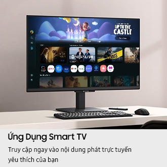 Ứng dụng Smart TV. Truy cập tức thì vào nội dung phát trực tuyến yêu thích của bạn. Màn hình trên bàn hiển thị trang Ứng dụng Smart TV với nhiều nội dung và ứng dụng được sắp xếp theo hàng.