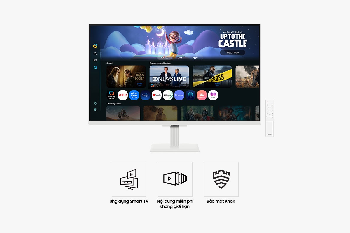 Mặt trước của Màn hình thông minh Samsung M5 32 inch với màn hình hiển thị trang Ứng dụng Smart TV cùng nhiều nội dung và ứng dụng được sắp xếp theo hàng, và một điều khiển từ xa. Ba biểu tượng cho các tính năng về Ứng dụng Smart TV, Nội dung miễn phí vô tận và Bảo mật Knox.