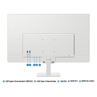 Cổng màn hình được phóng to, hiển thị năm cổng cho USB Type-A Downstream/SERVICE, USB Type-A Downstream, NGUỒN, HDMI IN 1 và HDMI IN 2 (ARC).
