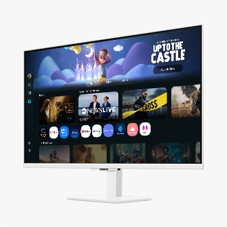 Góc nhìn từ phía trước bên trái của Màn hình thông minh Samsung M5 32 inch. Màn hình hiển thị trang Ứng dụng Smart TV cùng nhiều nội dung và ứng dụng được sắp xếp theo hàng.