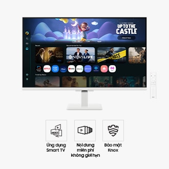 Mặt trước của Màn hình thông minh Samsung M5 32 inch với màn hình hiển thị trang Ứng dụng Smart TV cùng nhiều nội dung và ứng dụng được sắp xếp theo hàng, và một điều khiển từ xa. Ba biểu tượng cho các tính năng về Ứng dụng Smart TV, Nội dung miễn phí vô tận và Bảo mật Knox.
