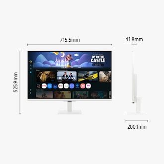 Kích thước của Màn hình thông minh Samsung M5 32 inch (715,5 x 525,9 x 200,1 mm) có chân đế, và độ sâu màn hình là 41,8 mm khi không có chân đế. Màn hình hiển thị nhiều nội dung.
