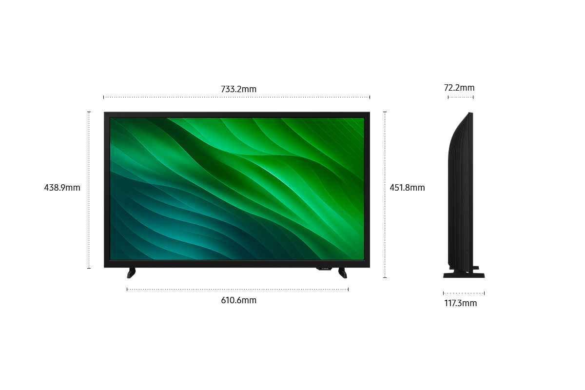 Dimension of Samsung HD TV H5000 screen only (733.2 x 438.9 x 72.2 mm). Height with Black Low Feet Stand (451.8 mm). Dimension of Black Low Feet Stand. (610.6 x 117.3 mm).